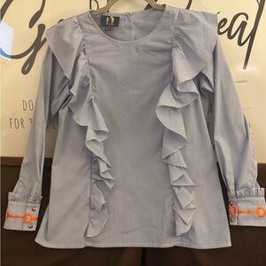 Ronner Blue Striped Ruffle Top horse riders